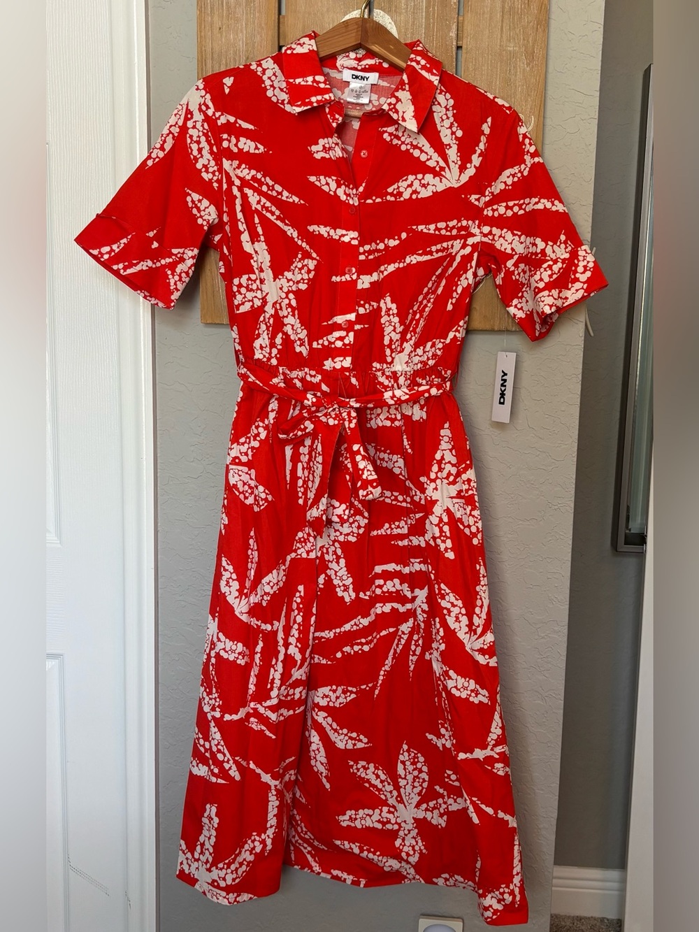DKNY Women's Elbow Sleeve Collar Neck Leaf Print Shirtdress